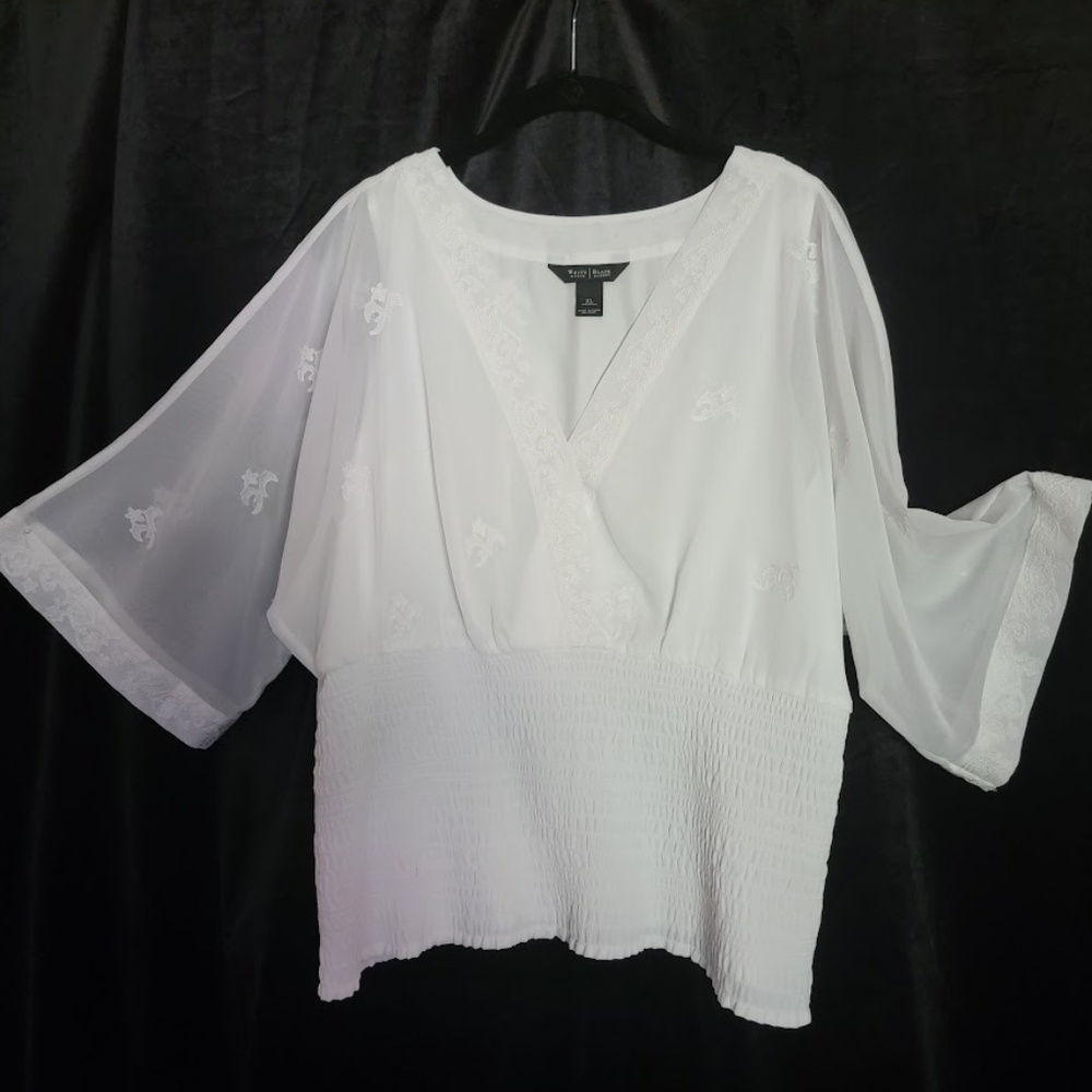 WHBM White Sheer Surplice Blouse w/ Kimono Sleeves & Embroidered Details - XL